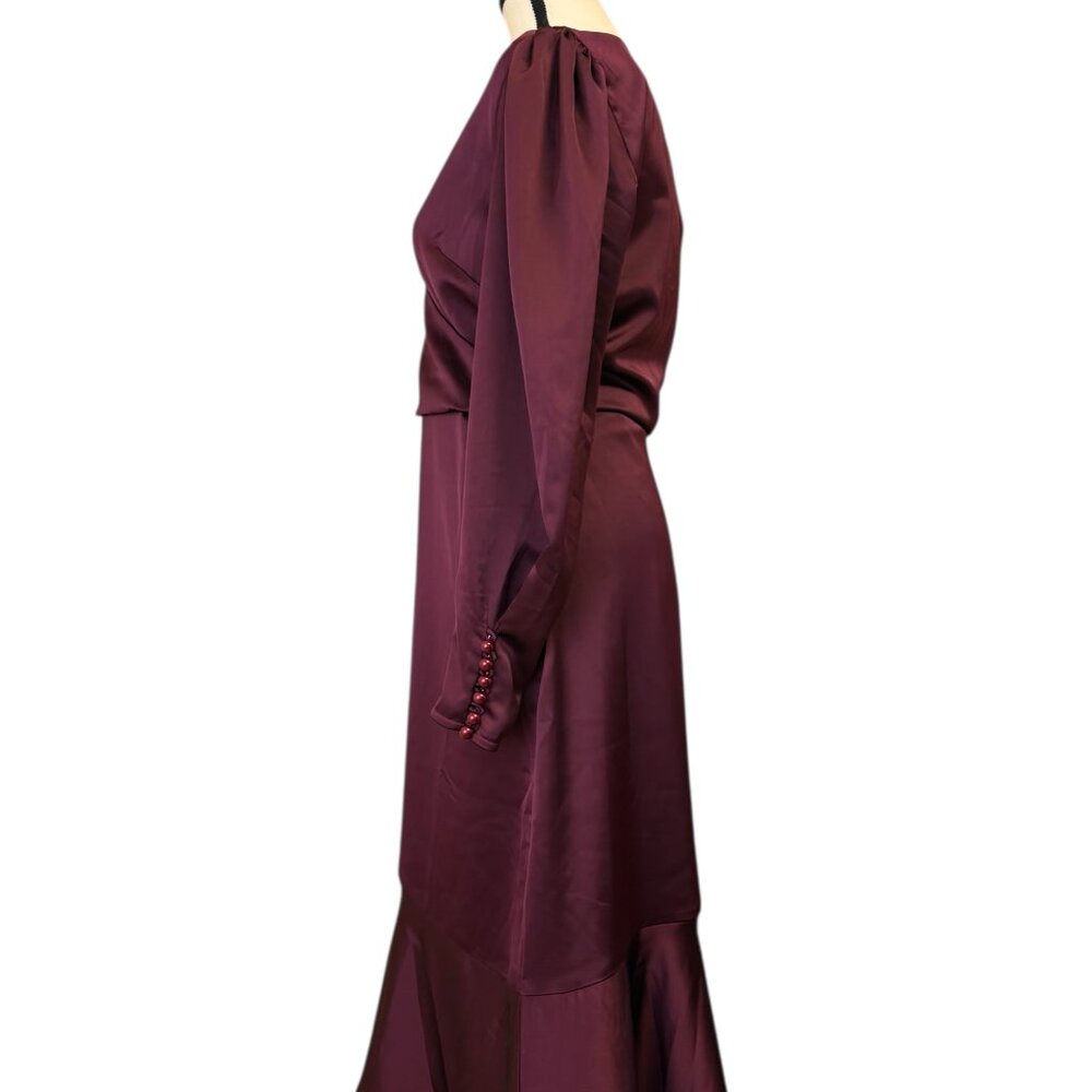 Calvin Klein Wine Coloured Satin Dress with Puff Sleeves (S) - Picture 2 of 3